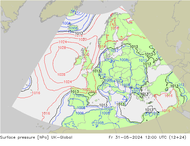 Pressione al suolo UK-Global ven 31.05.2024 12 UTC