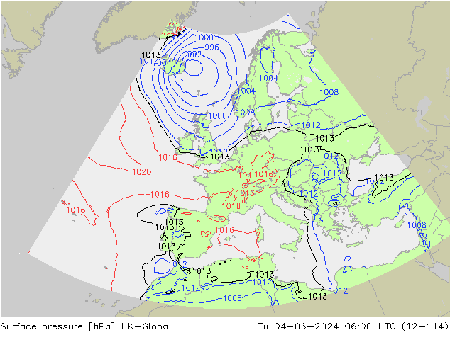 Surface pressure UK-Global Tu 04.06.2024 06 UTC