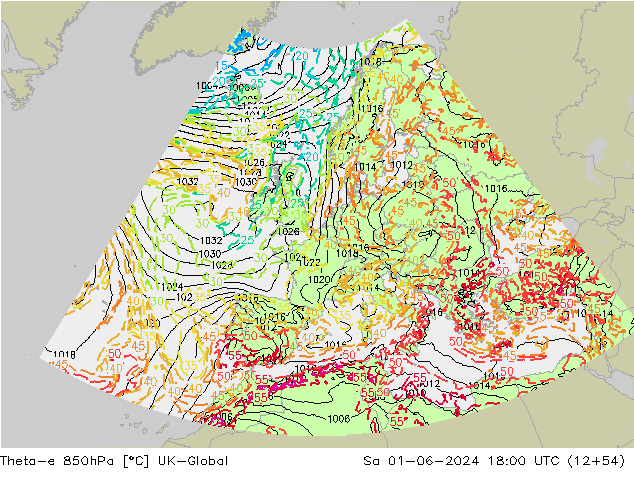 Theta-e 850hPa UK-Global Sa 01.06.2024 18 UTC