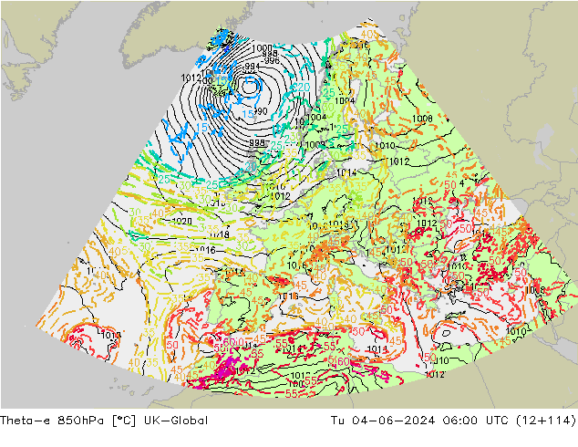 Theta-e 850hPa UK-Global Di 04.06.2024 06 UTC