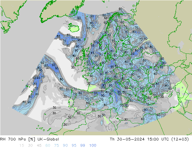 Humidité rel. 700 hPa UK-Global jeu 30.05.2024 15 UTC