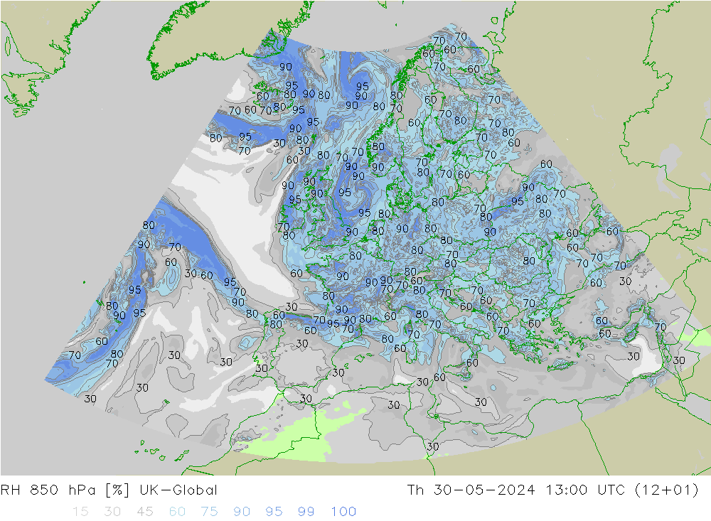 RH 850 hPa UK-Global Th 30.05.2024 13 UTC