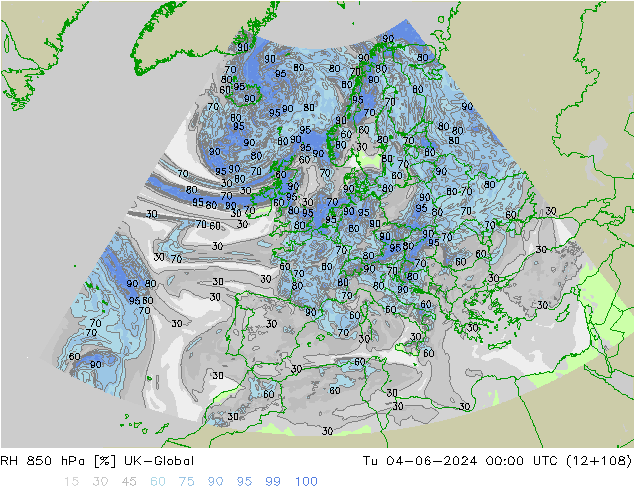 Humidité rel. 850 hPa UK-Global mar 04.06.2024 00 UTC