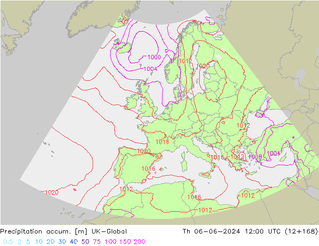 Precipitation accum. UK-Global Čt 06.06.2024 12 UTC
