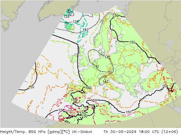 Height/Temp. 850 hPa UK-Global Th 30.05.2024 18 UTC