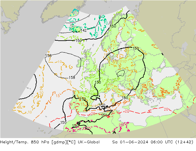 Hoogte/Temp. 850 hPa UK-Global za 01.06.2024 06 UTC