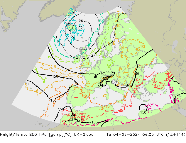 Hoogte/Temp. 850 hPa UK-Global di 04.06.2024 06 UTC