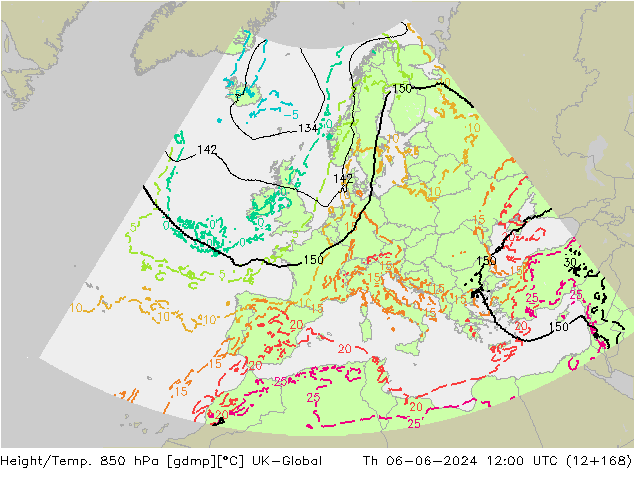 Height/Temp. 850 hPa UK-Global Th 06.06.2024 12 UTC