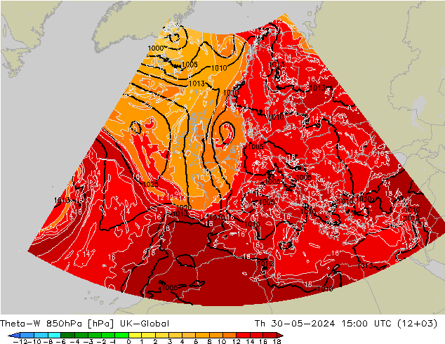 Theta-W 850hPa UK-Global Do 30.05.2024 15 UTC