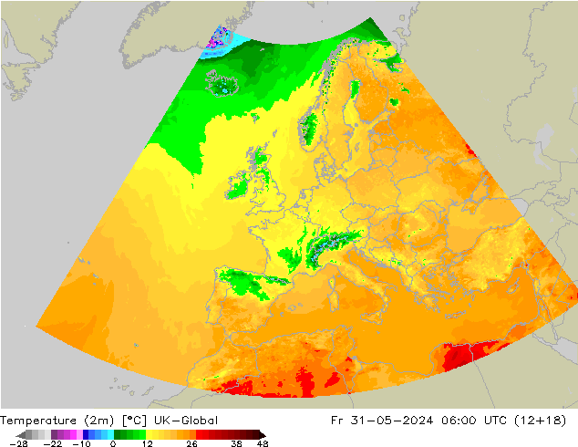 Temperature (2m) UK-Global Pá 31.05.2024 06 UTC