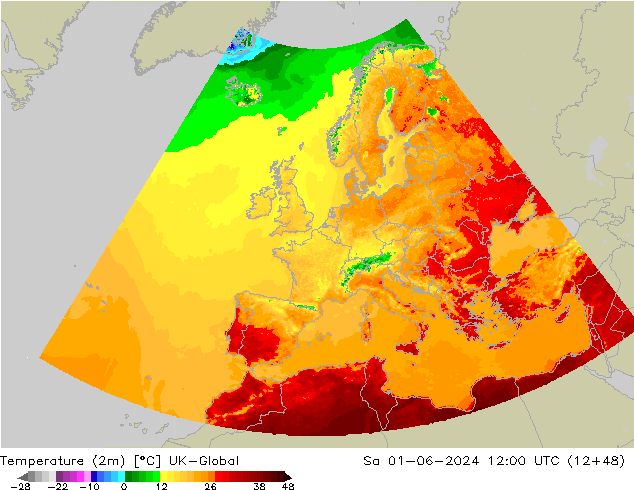Temperatura (2m) UK-Global sab 01.06.2024 12 UTC