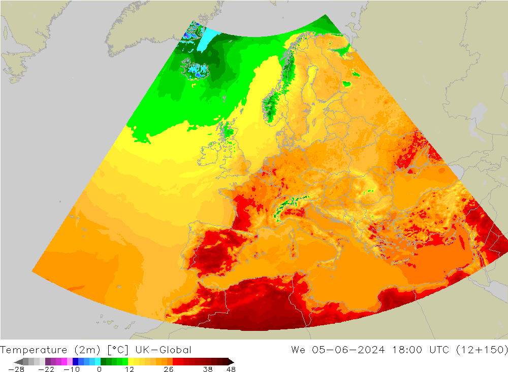 Temperature (2m) UK-Global St 05.06.2024 18 UTC