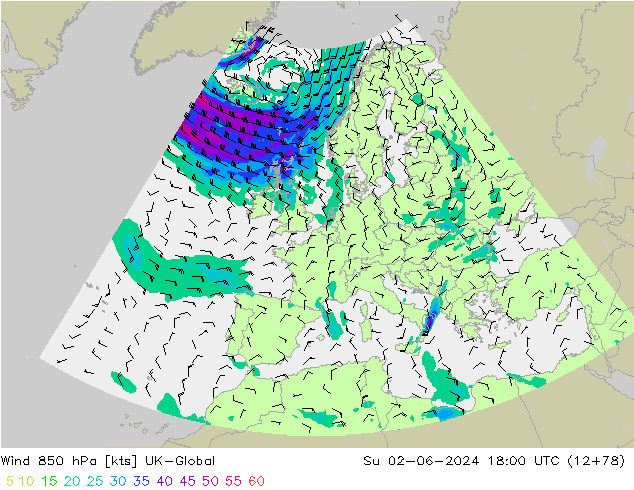 Wind 850 hPa UK-Global So 02.06.2024 18 UTC