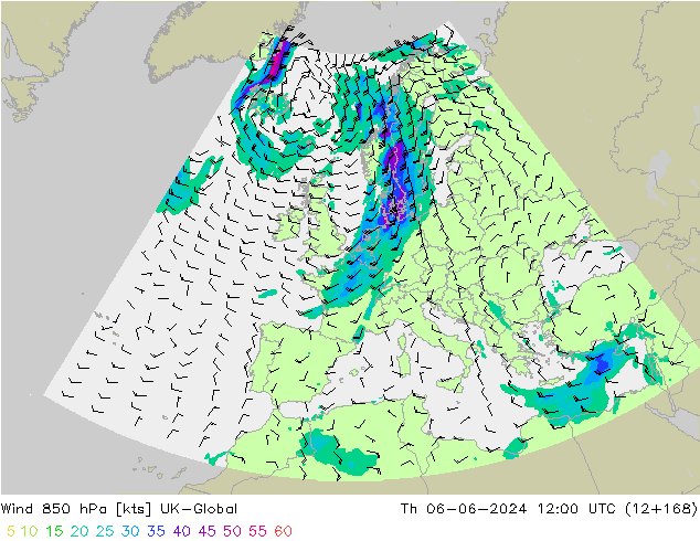 Wind 850 hPa UK-Global Th 06.06.2024 12 UTC