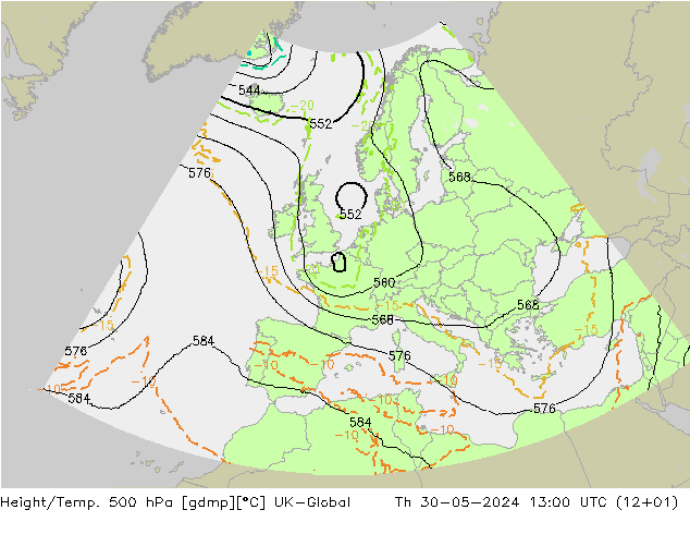 Height/Temp. 500 hPa UK-Global Th 30.05.2024 13 UTC