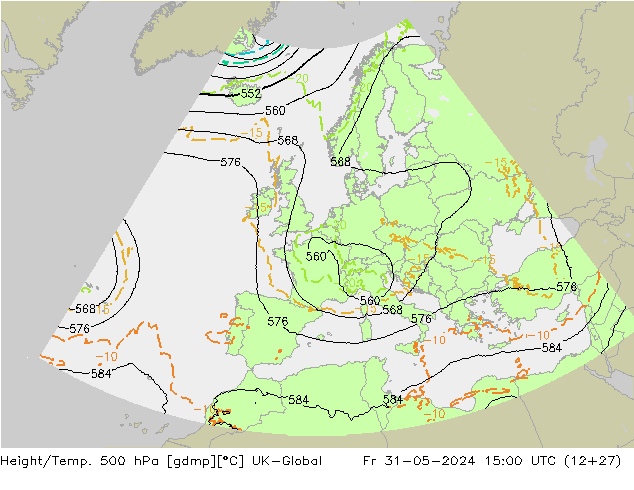 Height/Temp. 500 hPa UK-Global Fr 31.05.2024 15 UTC