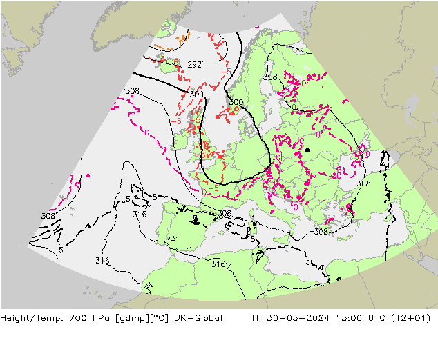 Hoogte/Temp. 700 hPa UK-Global do 30.05.2024 13 UTC