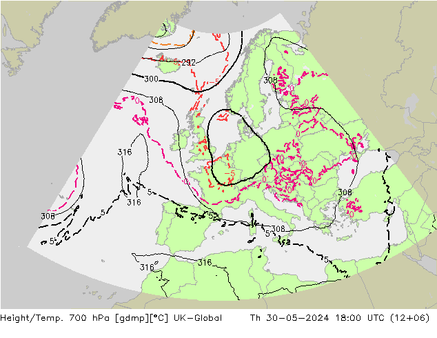 Height/Temp. 700 hPa UK-Global Th 30.05.2024 18 UTC