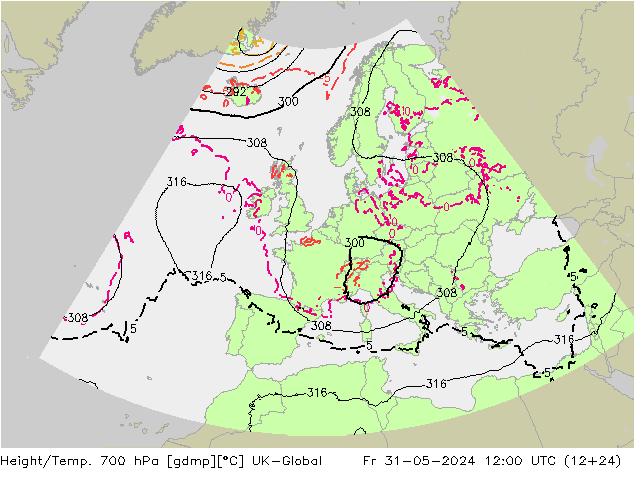 Height/Temp. 700 hPa UK-Global Fr 31.05.2024 12 UTC