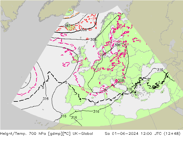 Géop./Temp. 700 hPa UK-Global sam 01.06.2024 12 UTC