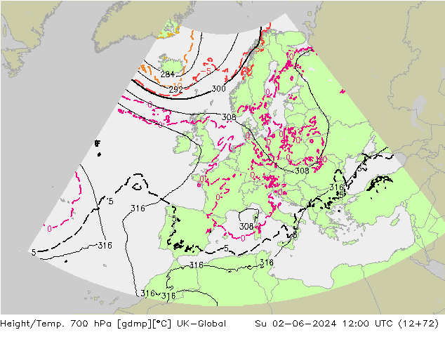 Yükseklik/Sıc. 700 hPa UK-Global Paz 02.06.2024 12 UTC