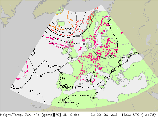 Géop./Temp. 700 hPa UK-Global dim 02.06.2024 18 UTC