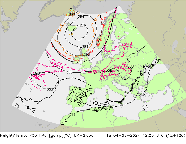 Yükseklik/Sıc. 700 hPa UK-Global Sa 04.06.2024 12 UTC