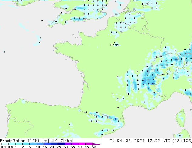 Precipitation (12h) UK-Global Út 04.06.2024 00 UTC