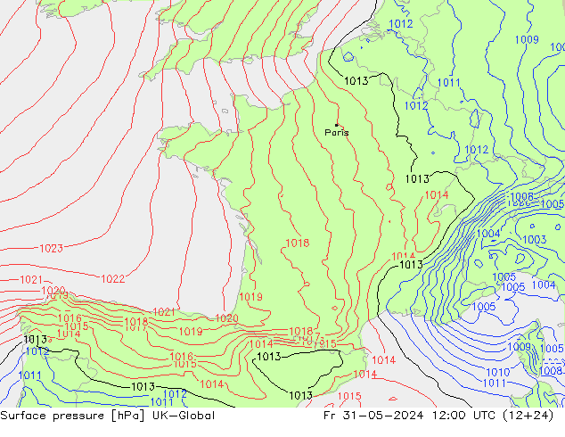 Pressione al suolo UK-Global ven 31.05.2024 12 UTC