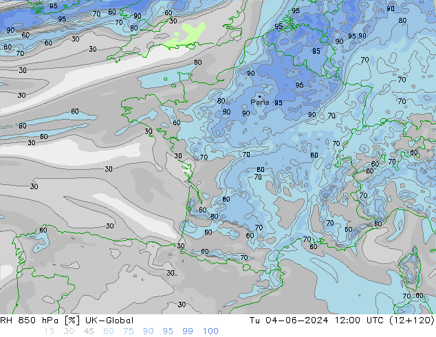 Humidité rel. 850 hPa UK-Global mar 04.06.2024 12 UTC