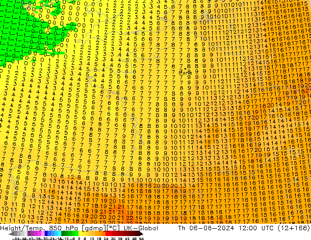 Height/Temp. 850 hPa UK-Global  06.06.2024 12 UTC