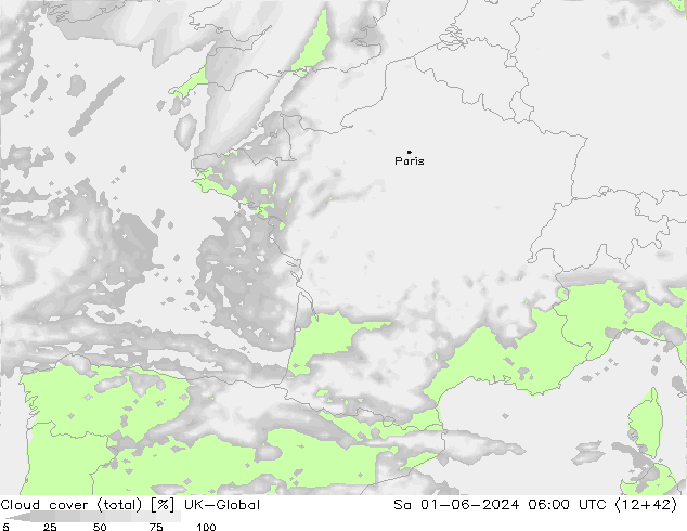 Nubes (total) UK-Global sáb 01.06.2024 06 UTC