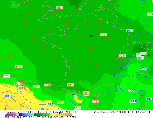 Thck 700-1000 hPa UK-Global Fr 31.05.2024 18 UTC