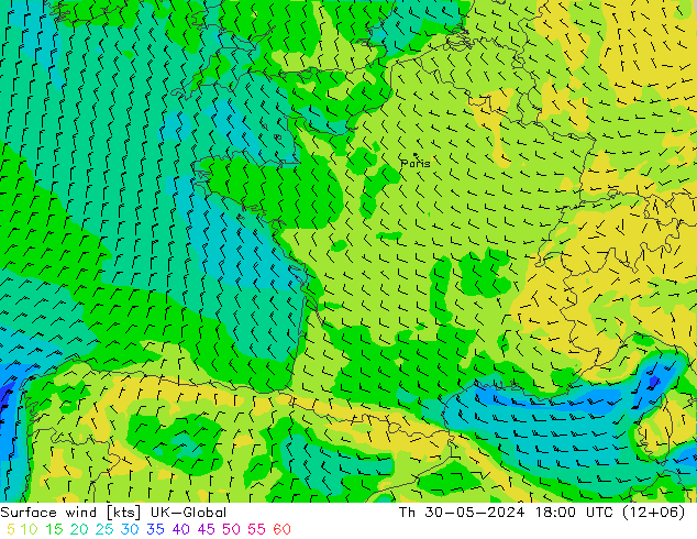 Vento 10 m UK-Global gio 30.05.2024 18 UTC