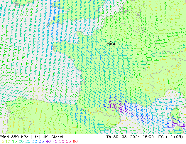 Wind 850 hPa UK-Global Do 30.05.2024 15 UTC