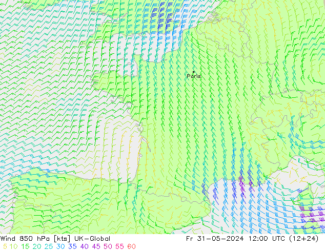 Wind 850 hPa UK-Global Pá 31.05.2024 12 UTC