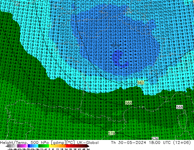 Height/Temp. 500 hPa UK-Global Do 30.05.2024 18 UTC