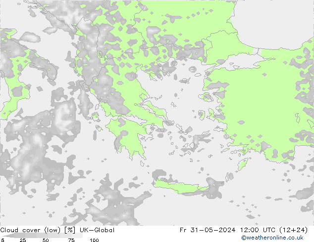 Cloud cover (low) UK-Global Fr 31.05.2024 12 UTC