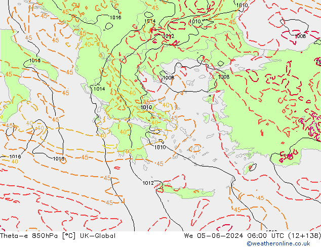 Theta-e 850hPa UK-Global śro. 05.06.2024 06 UTC