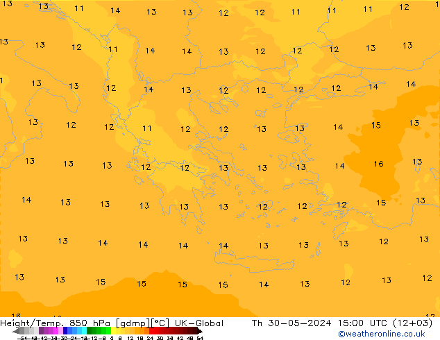 Geop./Temp. 850 hPa UK-Global jue 30.05.2024 15 UTC