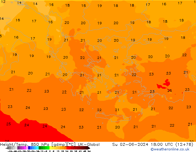 Height/Temp. 850 hPa UK-Global nie. 02.06.2024 18 UTC