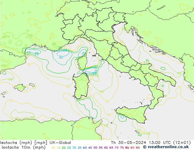 Isotachen (mph) UK-Global Do 30.05.2024 13 UTC