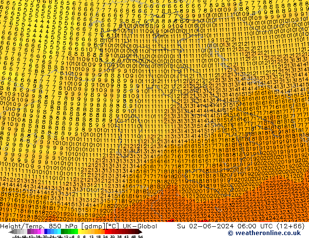 Yükseklik/Sıc. 850 hPa UK-Global Paz 02.06.2024 06 UTC
