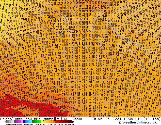 Height/Temp. 850 hPa UK-Global Th 06.06.2024 12 UTC