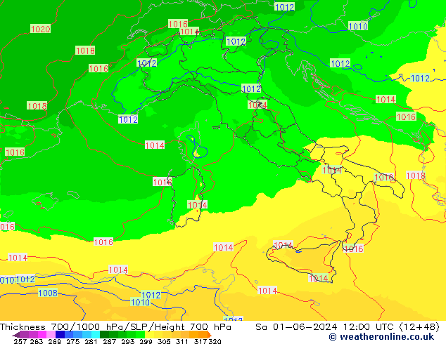 700-1000 hPa Kalınlığı UK-Global Cts 01.06.2024 12 UTC