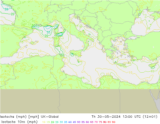 Isotachs (mph) UK-Global jeu 30.05.2024 13 UTC
