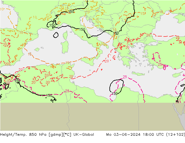 Height/Temp. 850 hPa UK-Global Mo 03.06.2024 18 UTC