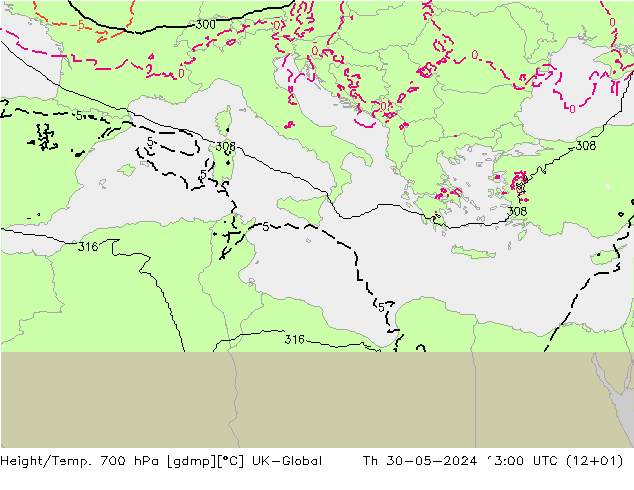 Height/Temp. 700 гПа UK-Global чт 30.05.2024 13 UTC