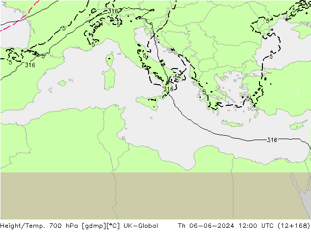 Height/Temp. 700 hPa UK-Global czw. 06.06.2024 12 UTC