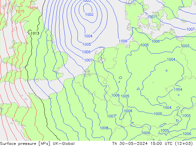Atmosférický tlak UK-Global Čt 30.05.2024 15 UTC